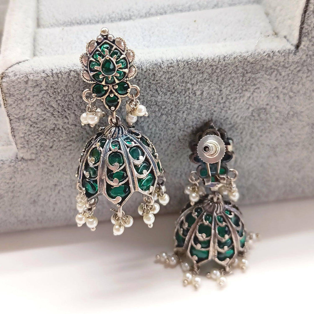 Surveen Silver Oxidised Green Jhumki - Uboric