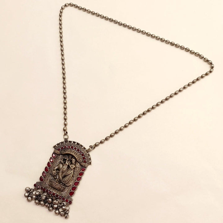 Swaragini Long Oxidised Ruby Neckpiece With Temple Motif - Uboric