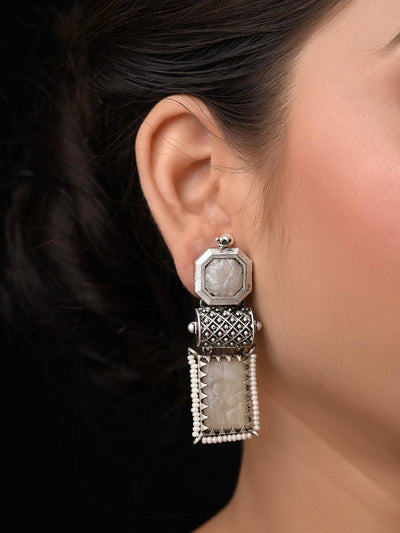 Sweety Rectangular Contemporary Smoke White Oxidised Earrings - Uboric