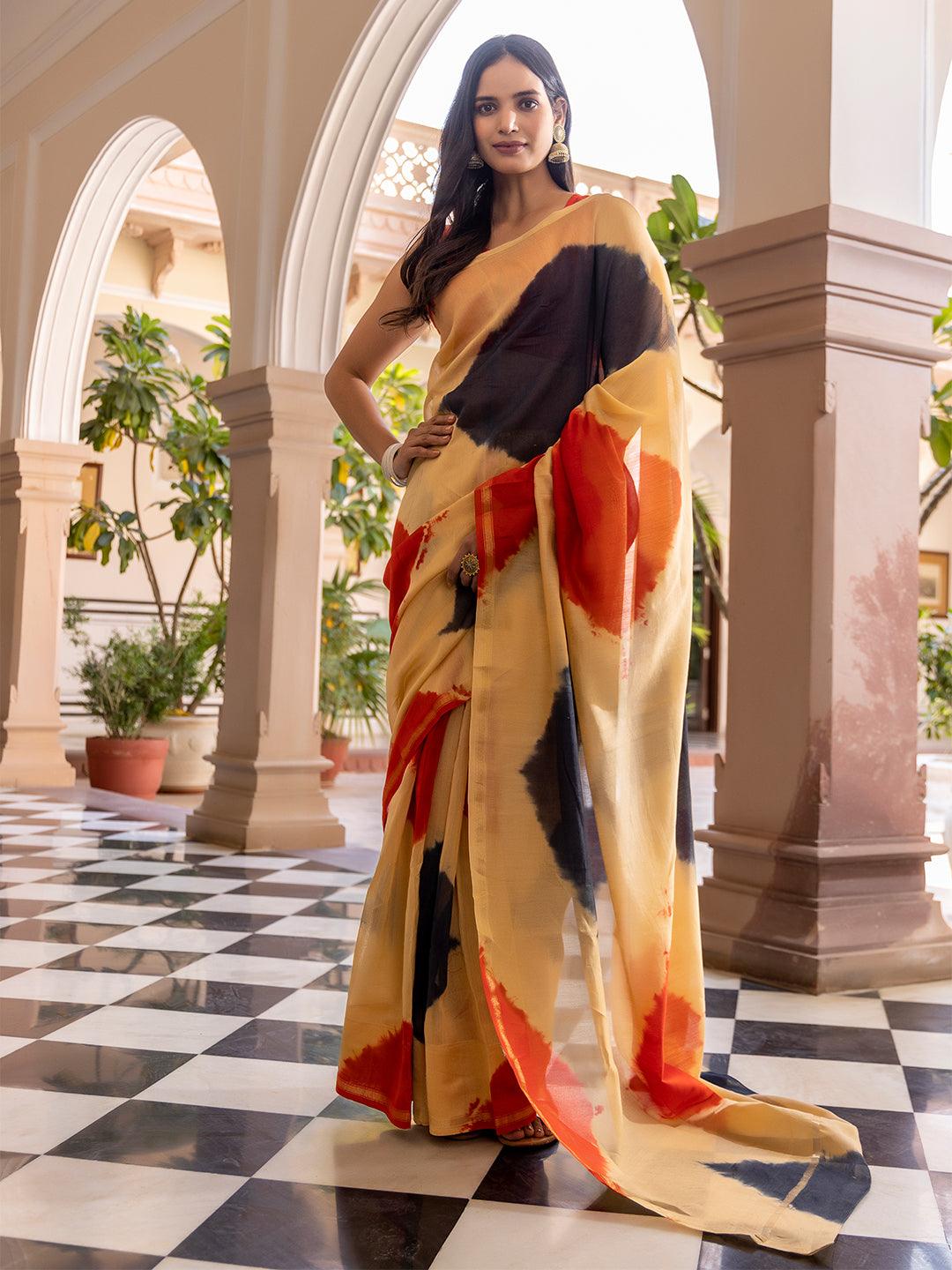 Tan Tangerine Beige Tie-Dye Saree - Uboric