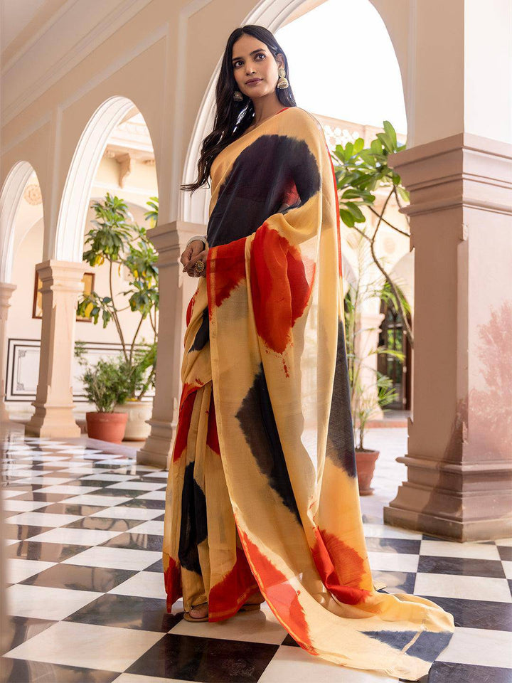 Tan Tangerine Beige Tie-Dye Saree - Uboric