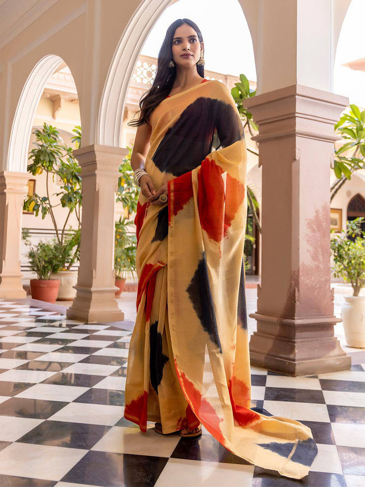 Tan Tangerine Beige Tie-Dye Saree - Uboric