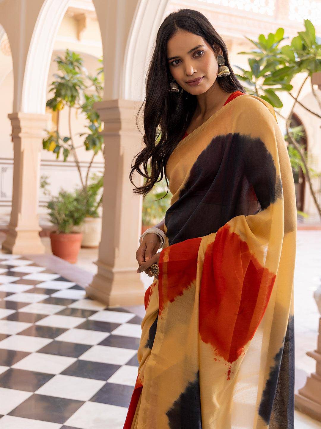 Tan Tangerine Beige Tie-Dye Saree - Uboric