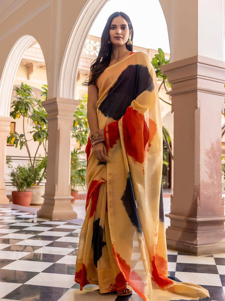 Tan Tangerine Beige Tie-Dye Saree - Uboric