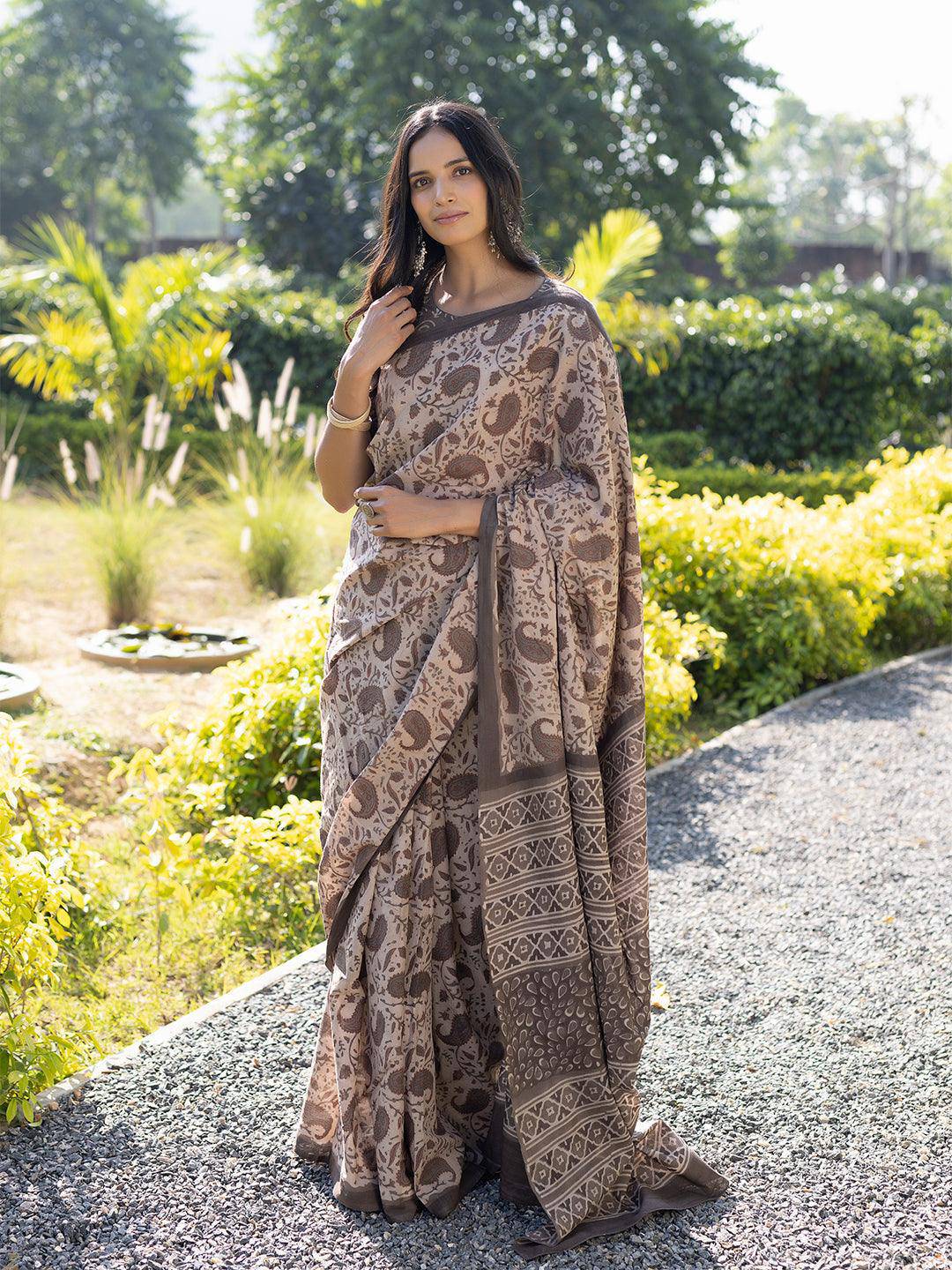 Taupe Ajrakh Cotton Saree - Uboric