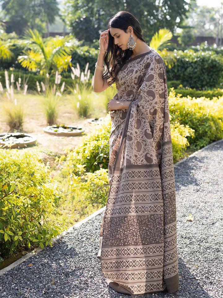 Taupe Ajrakh Cotton Saree - Uboric