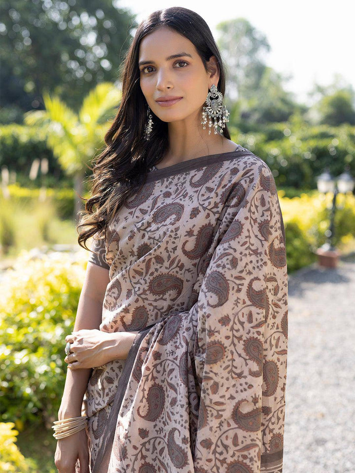 Taupe Ajrakh Cotton Saree - Uboric