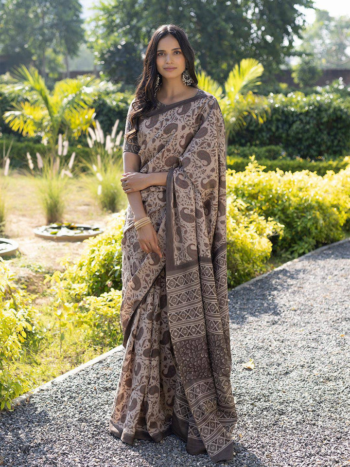 Taupe Ajrakh Cotton Saree - Uboric