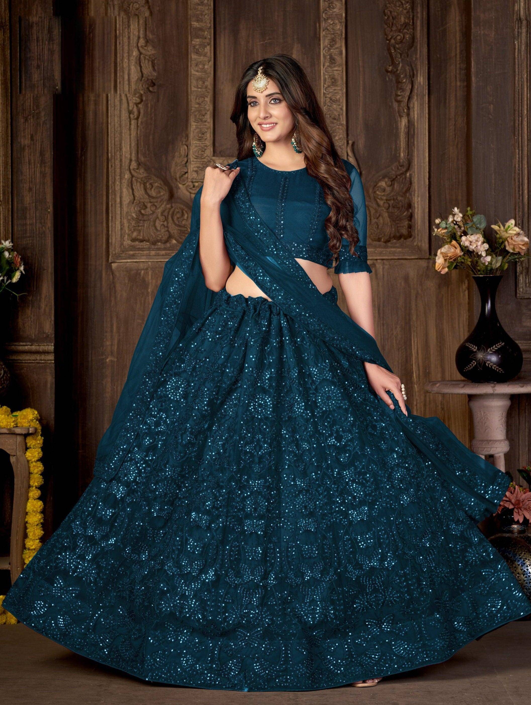 Teal Blue Lehenga Choli, Party Wear Lehenga Choli, Georgette Lehenga Choli With 9 store Mm Sequence & Embroidery Work For Women, Designer Lehenga