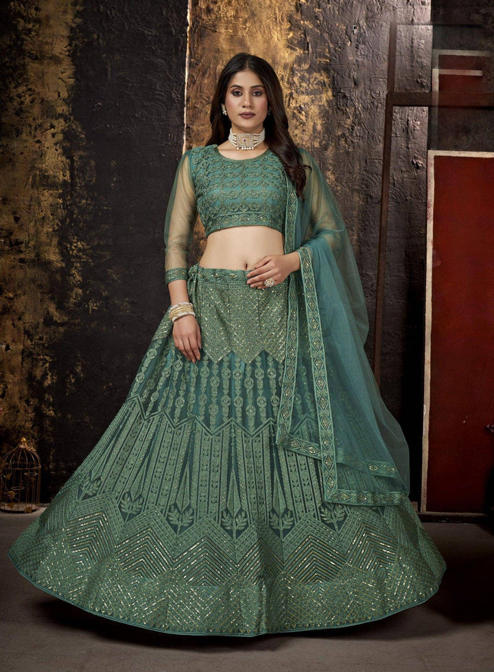 Teal Blue Net Embroidery Work Lehenga Choli, Lehenga Choli For USA Women, Designer Lehenga Choli, Party Wear Lehenga, Brown Lehenga Choli. (Fully Stitched) - Uboric