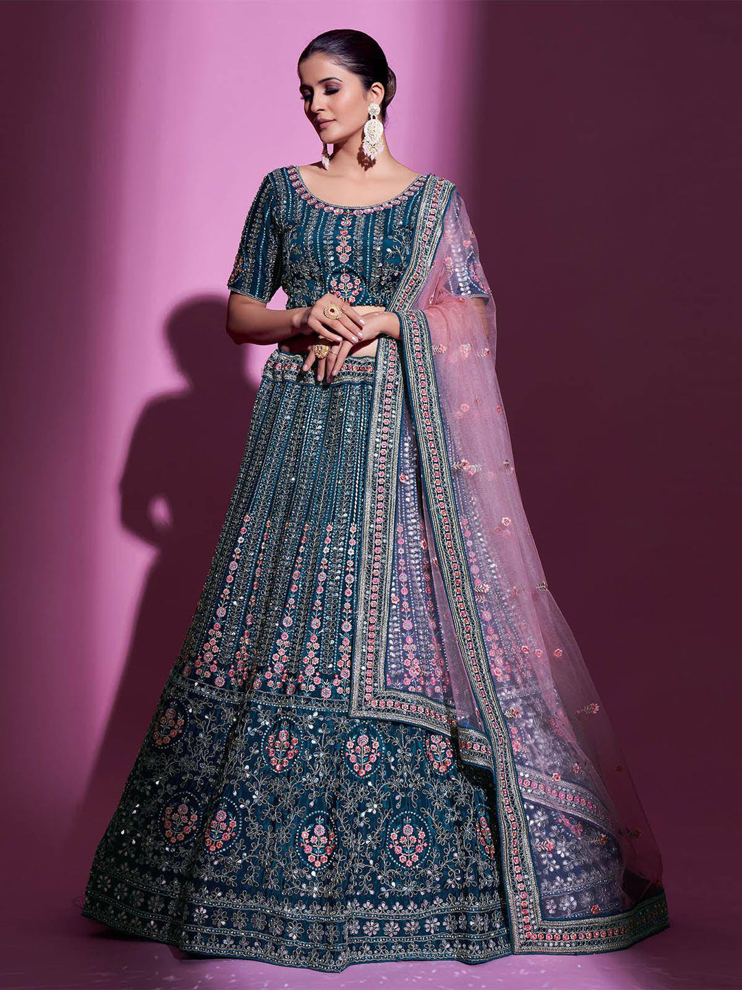 Teal Crepe Embroidered Stitched  Lehenga With Stitched  Blouse (Fully Stitched) - Uboric