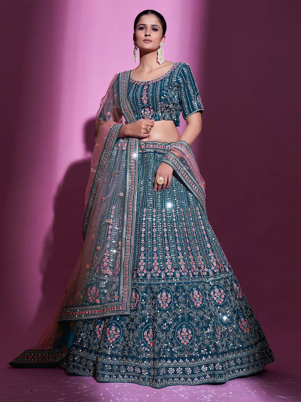 Teal Crepe Embroidered Stitched  Lehenga With Stitched  Blouse (Fully Stitched) - Uboric