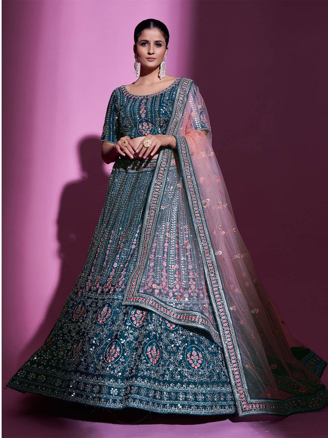 Teal Crepe Embroidered Stitched  Lehenga With Stitched  Blouse (Fully Stitched) - Uboric