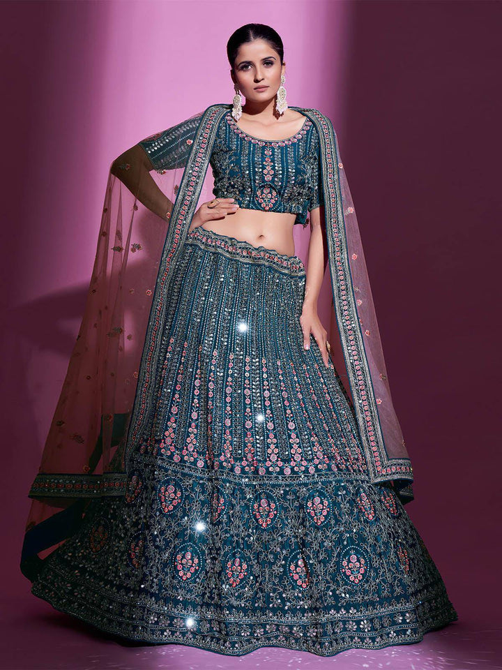 Teal Crepe Embroidered Stitched  Lehenga With Stitched  Blouse (Fully Stitched) - Uboric