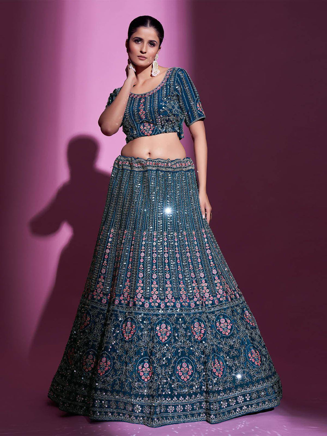 Teal Crepe Embroidered Stitched  Lehenga With Stitched  Blouse (Fully Stitched) - Uboric