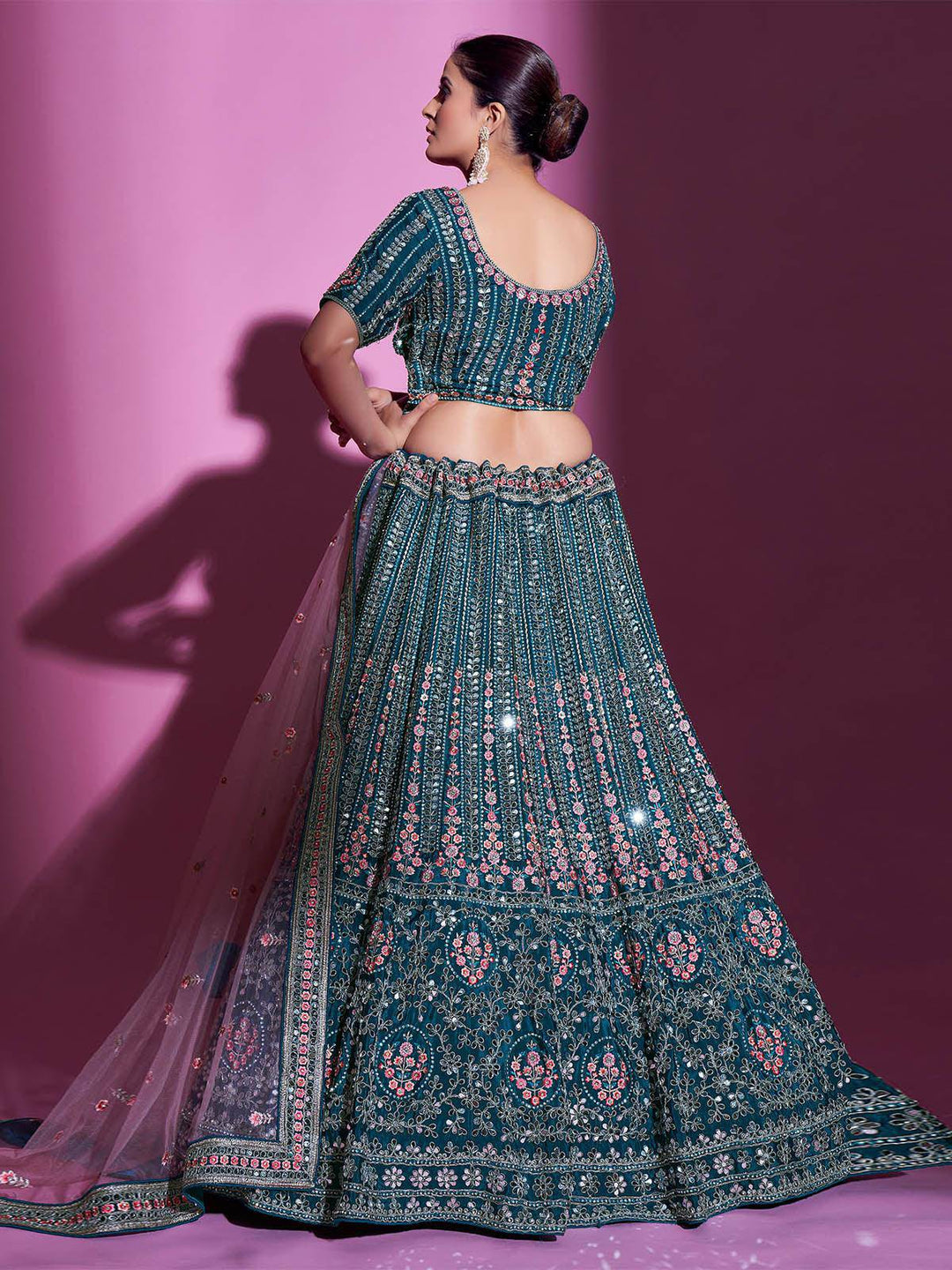 Teal Crepe Embroidered Stitched  Lehenga With Stitched  Blouse (Fully Stitched) - Uboric