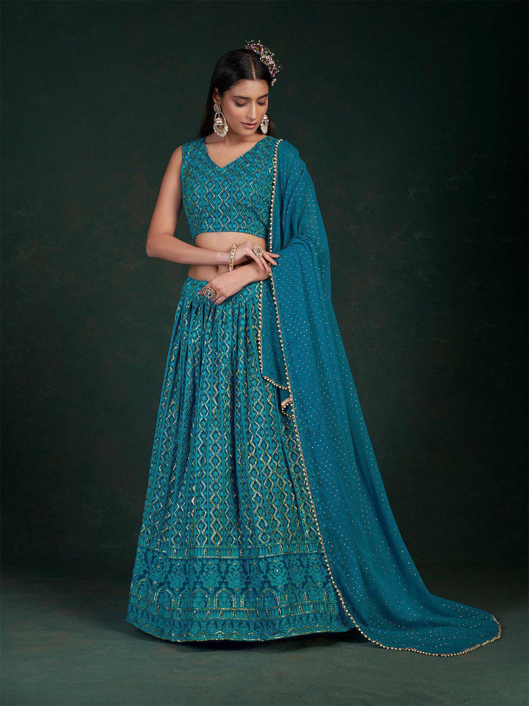 Teal Embroidered Bridal Stitched Lehenga With Blouse - Ready to wear - Uboric