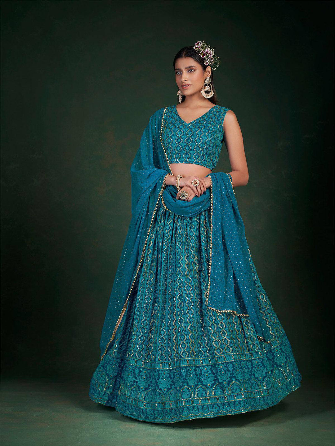 Teal Embroidered Bridal Stitched Lehenga With Blouse - Ready to wear - Uboric