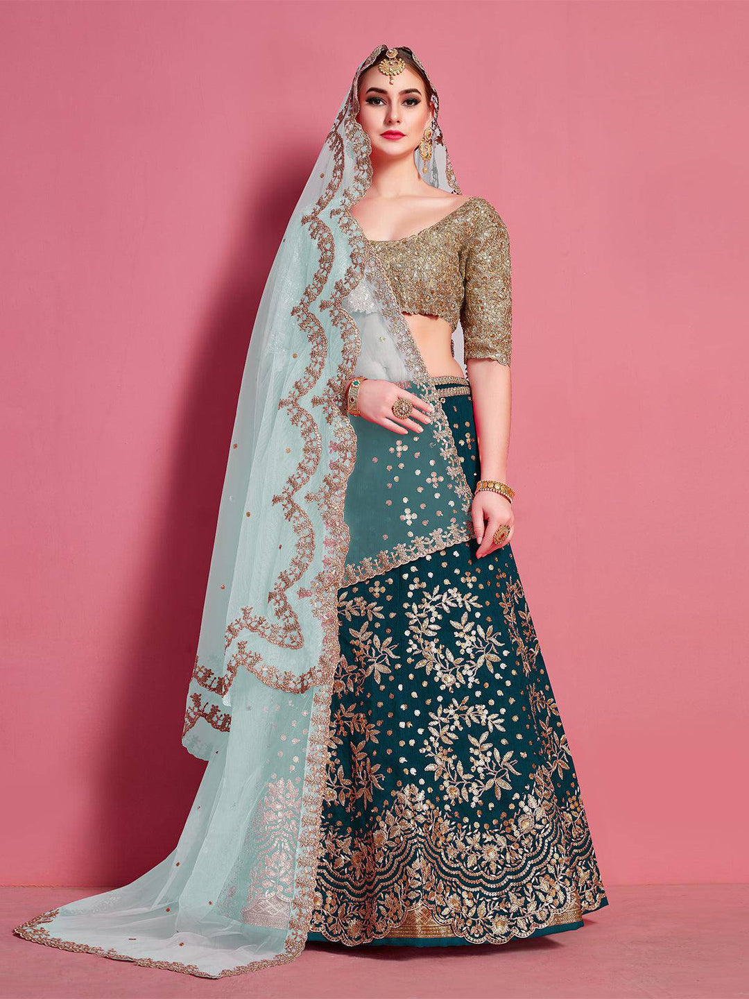 Teal EmbroideredStitched Lehenga With Unstitched Blouse (Fully Stitched & Ready to Wear) - Uboric