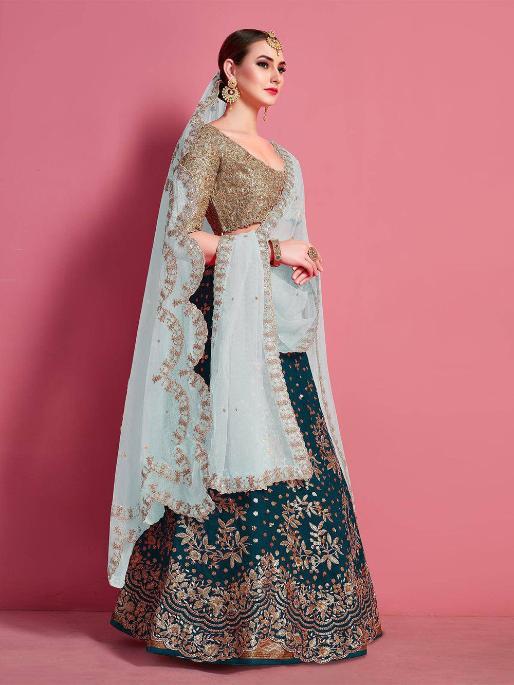 Teal EmbroideredStitched Lehenga With Unstitched Blouse (Fully Stitched & Ready to Wear) - Uboric