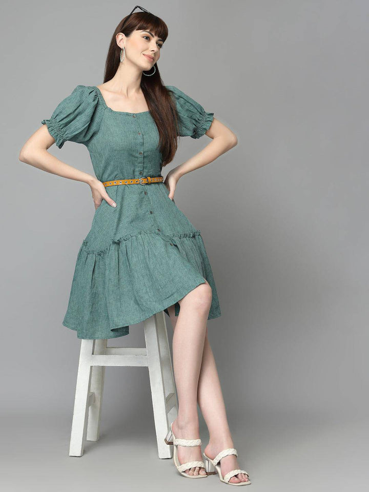 Teal-Green Cotton Flared Dress - Uboric