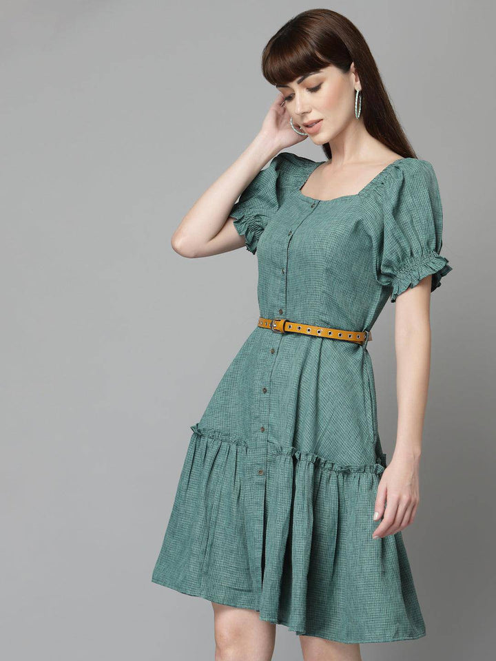 Teal-Green Cotton Flared Dress - Uboric