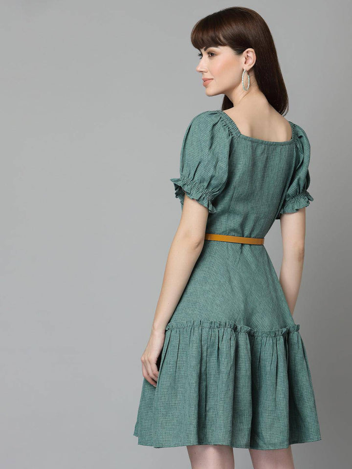 Teal-Green Cotton Flared Dress - Uboric