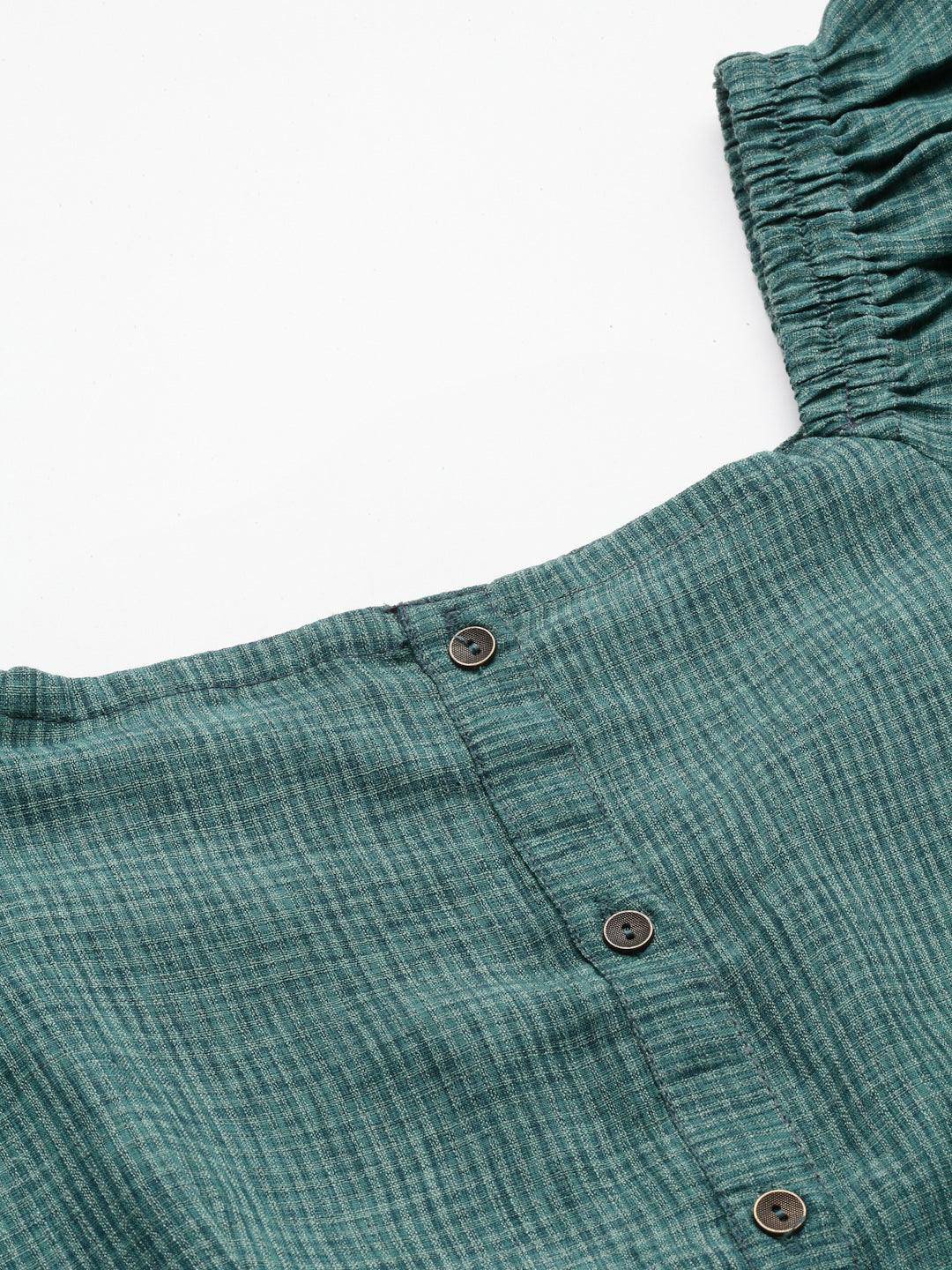 Teal-Green Cotton Flared Dress - Uboric