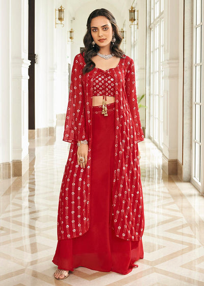 Tempting Red 3 Piece Sequins Embroidered Palazzo Suit - Uboric
