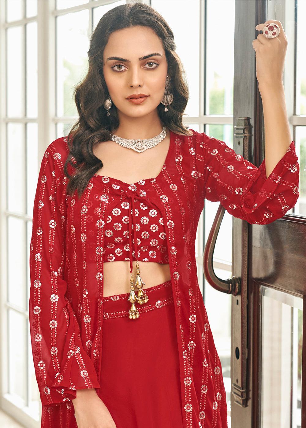 Tempting Red 3 Piece Sequins Embroidered Palazzo Suit - Uboric