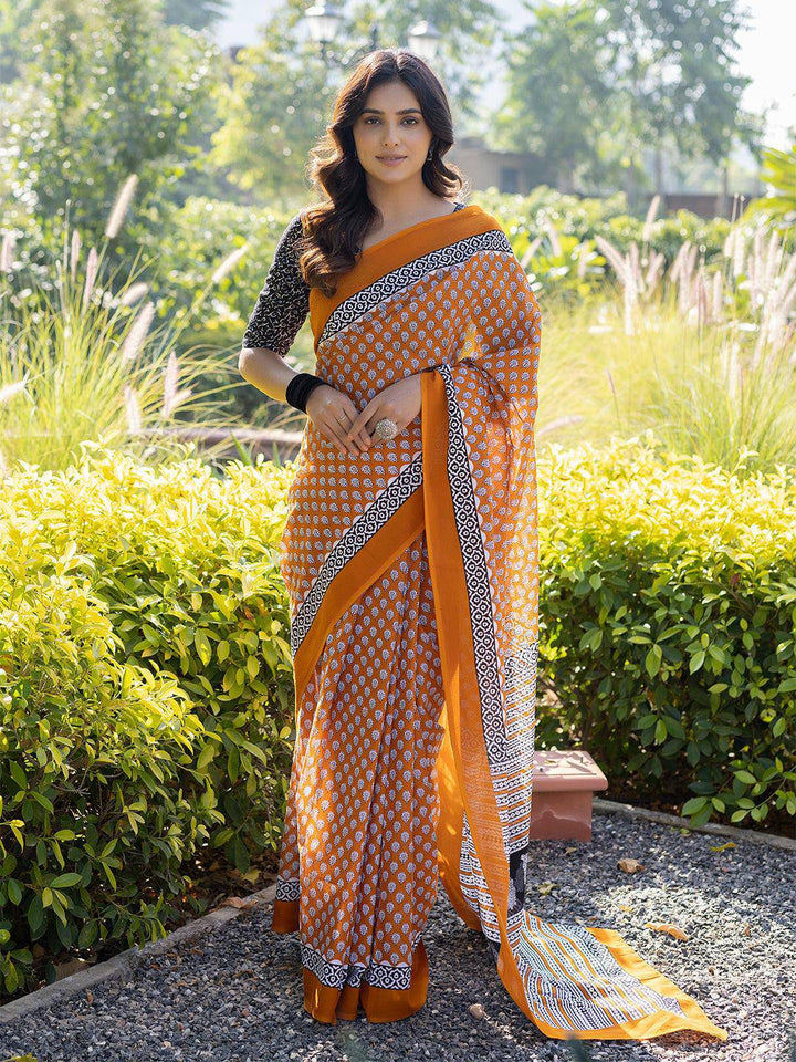 Tiger Orange Cotton Saree - Uboric