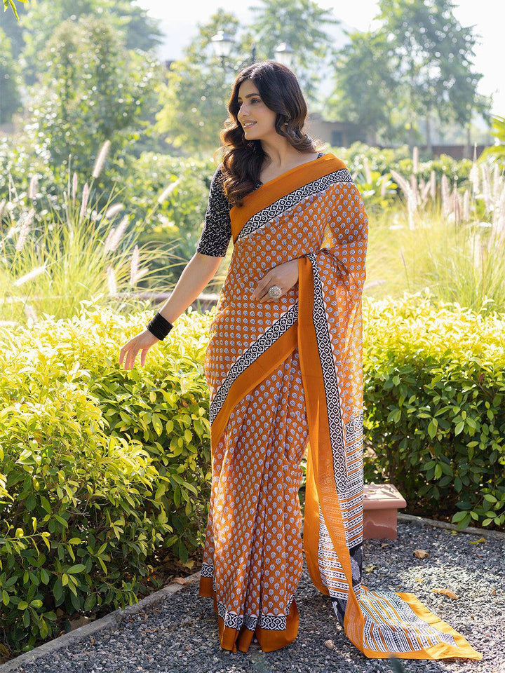 Tiger Orange Cotton Saree - Uboric