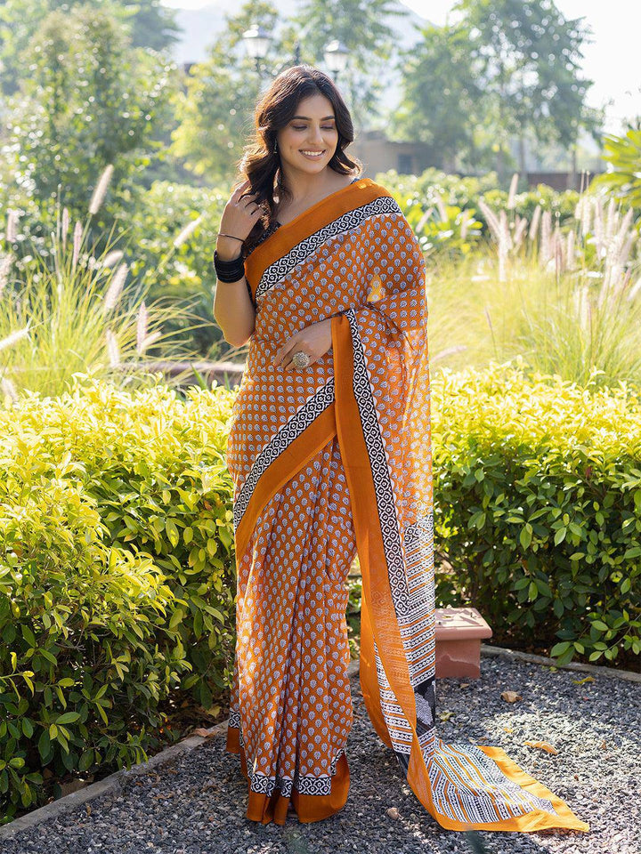 Tiger Orange Cotton Saree - Uboric