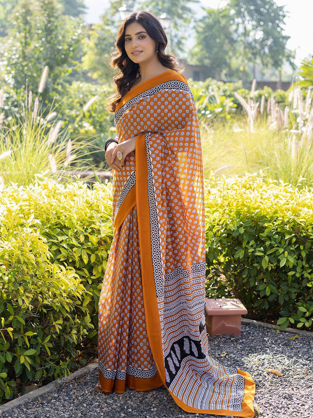 Tiger Orange Cotton Saree - Uboric