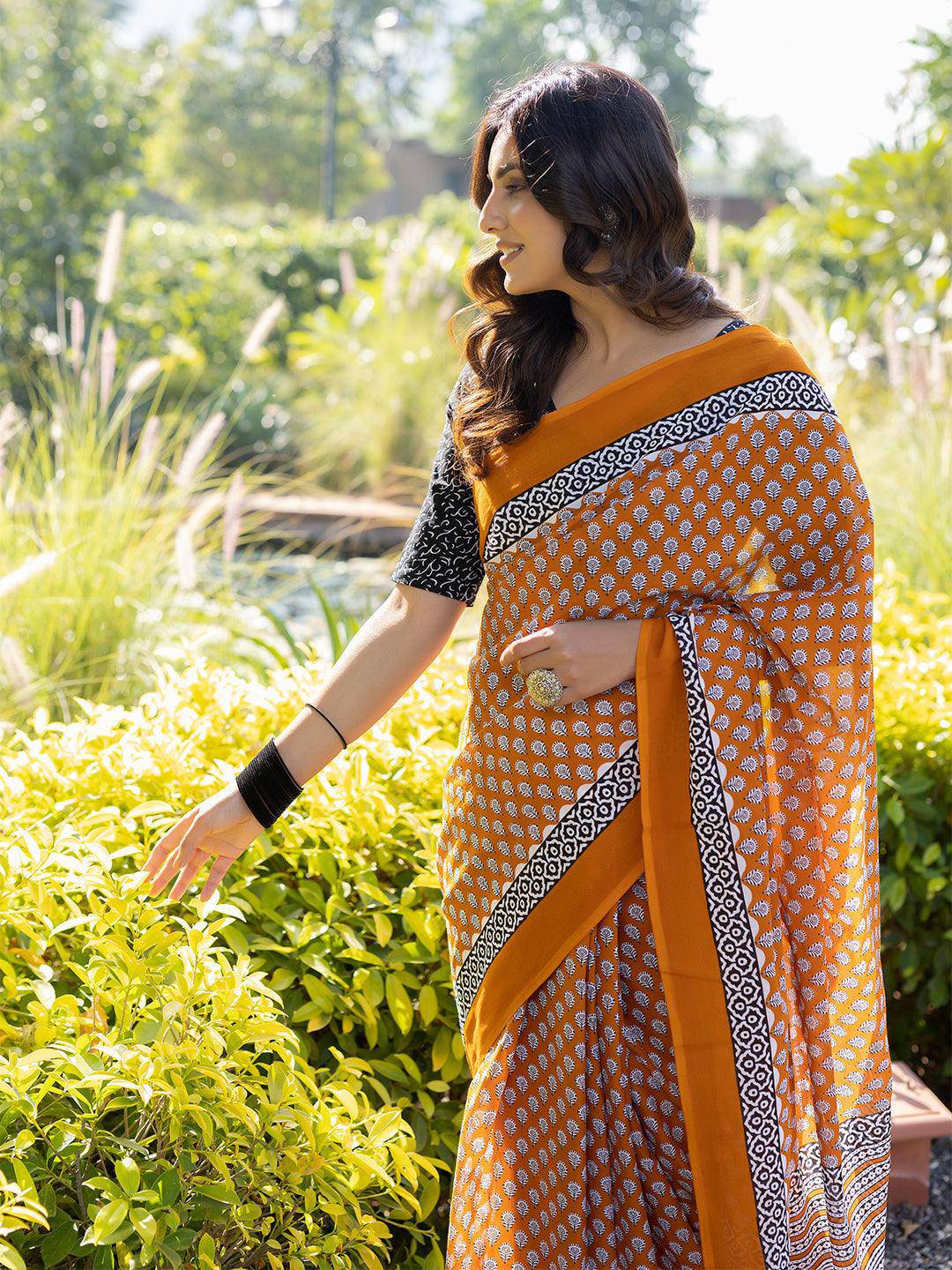 Tiger Orange Cotton Saree - Uboric