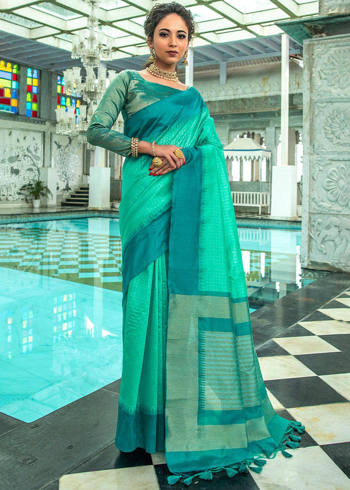 Turquoise Green Designer Woven South Silk Saree (Fully Stitched & Ready to wear) - Uboric