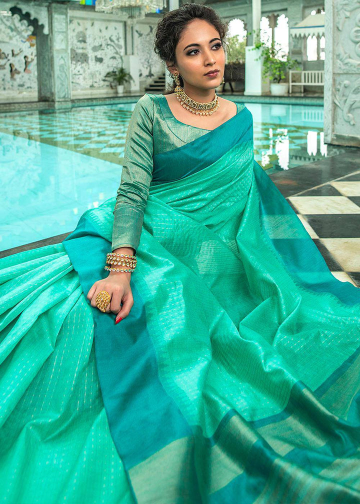 Turquoise Green Designer Woven South Silk Saree (Fully Stitched & Ready to wear) - Uboric