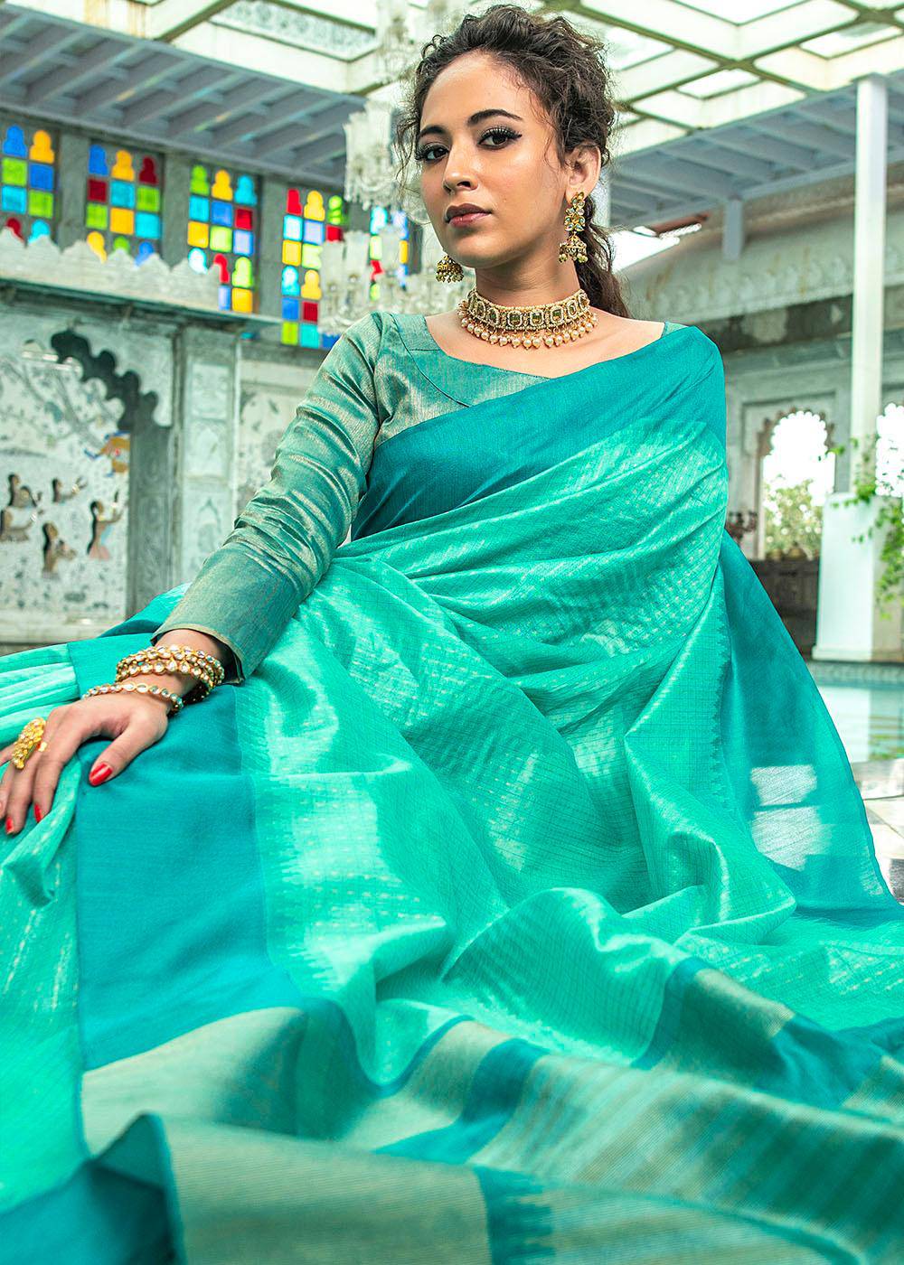 Turquoise Green Designer Woven South Silk Saree (Fully Stitched & Ready to wear) - Uboric