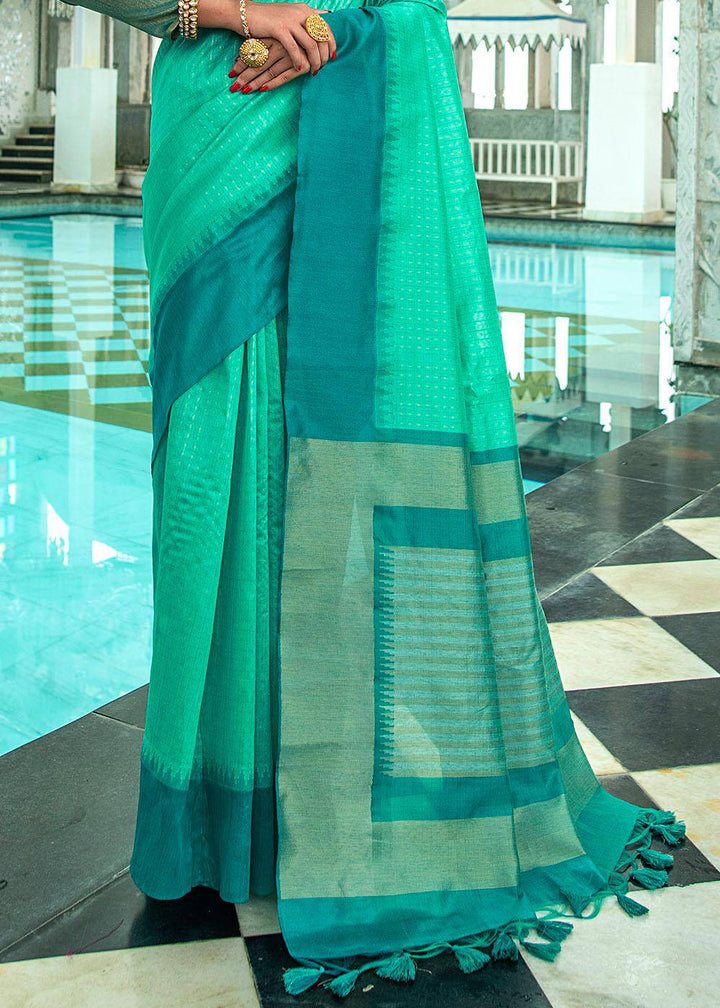 Turquoise Green Designer Woven South Silk Saree (Fully Stitched & Ready to wear) - Uboric