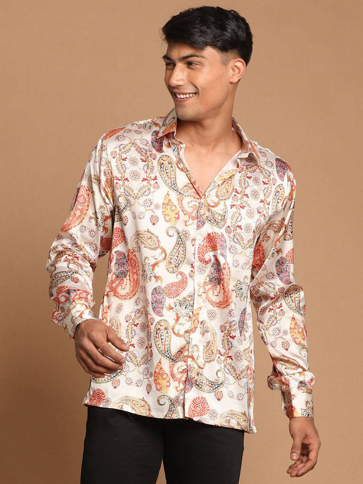 VASTRAMAY Men's Beige Cotton Silk Blend Printed Shirt - Uboric