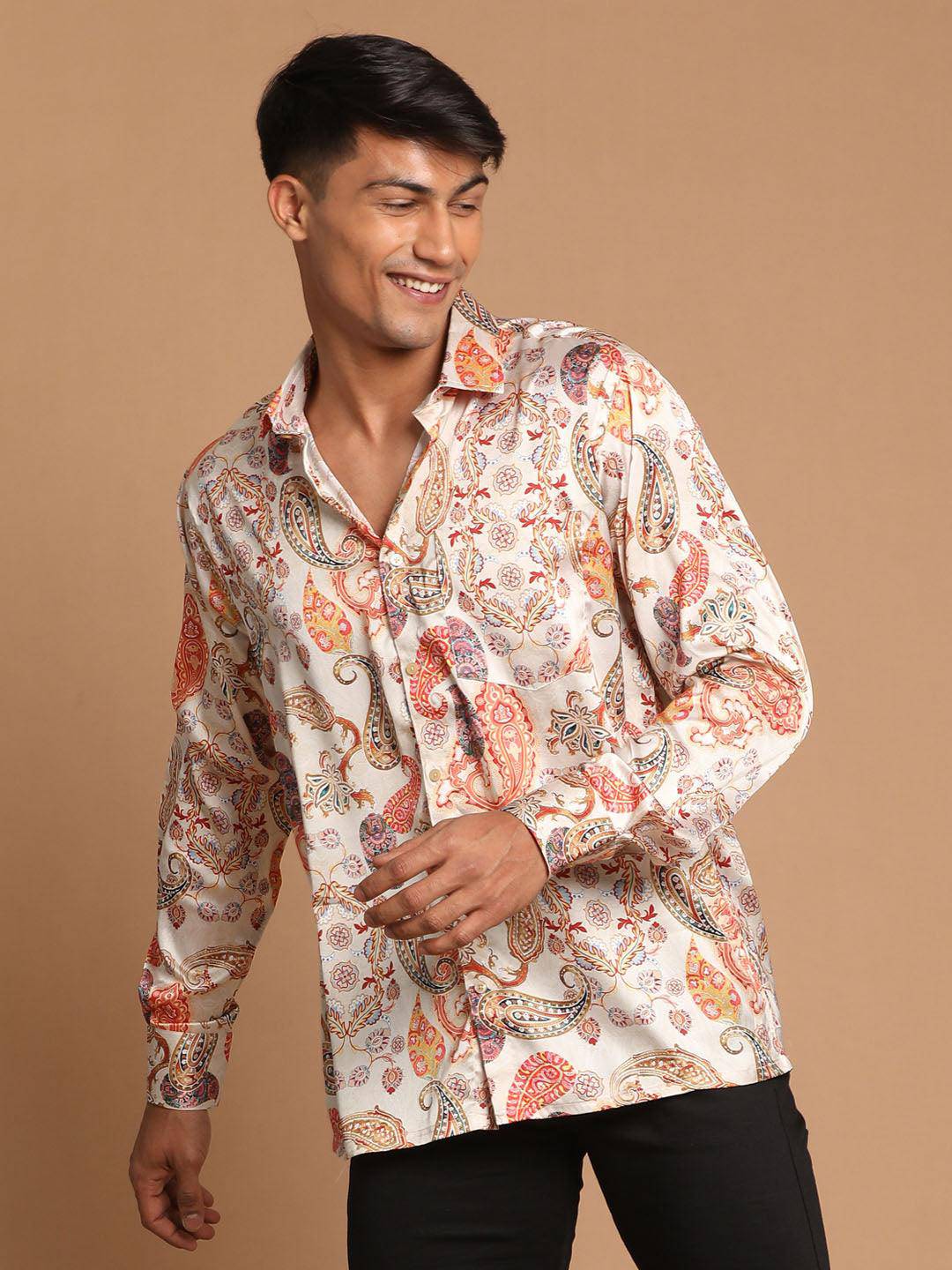 VASTRAMAY Men's Beige Cotton Silk Blend Printed Shirt - Uboric