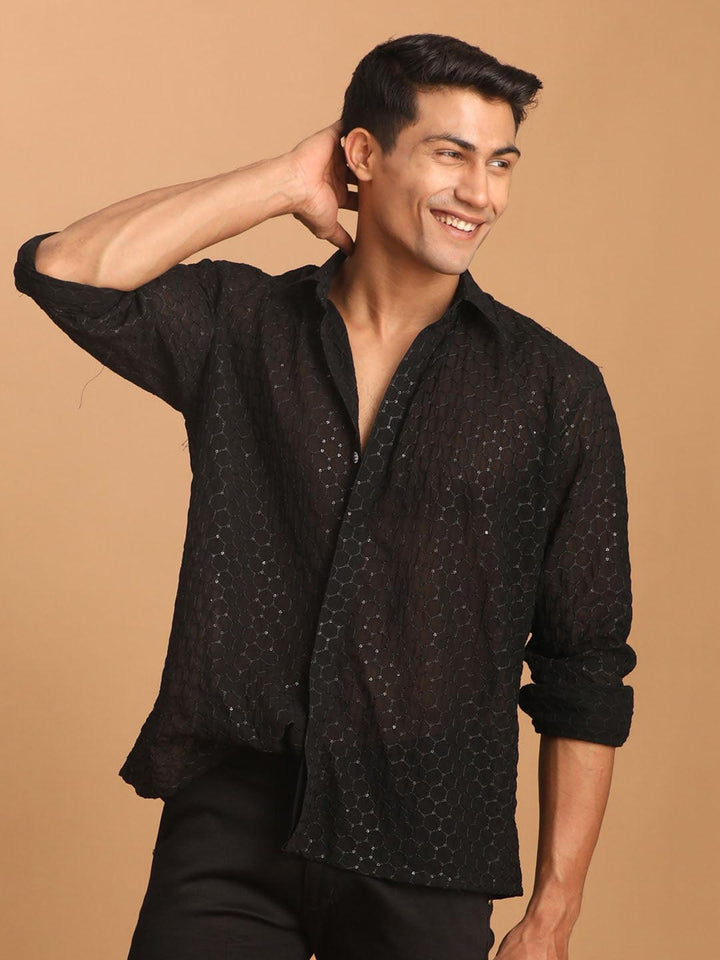 VASTRAMAY Men's Black Fancy Sequined Shirt - Uboric