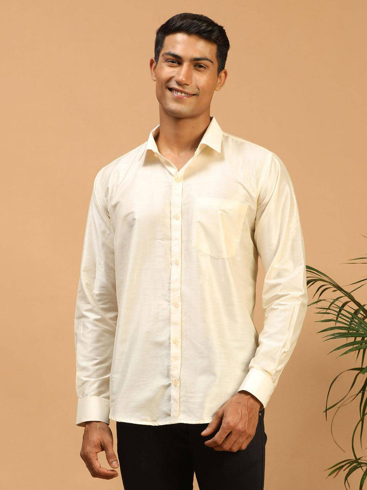 VASTRAMAY Men's Cream Silk Blend Ethnic Shirt - Uboric