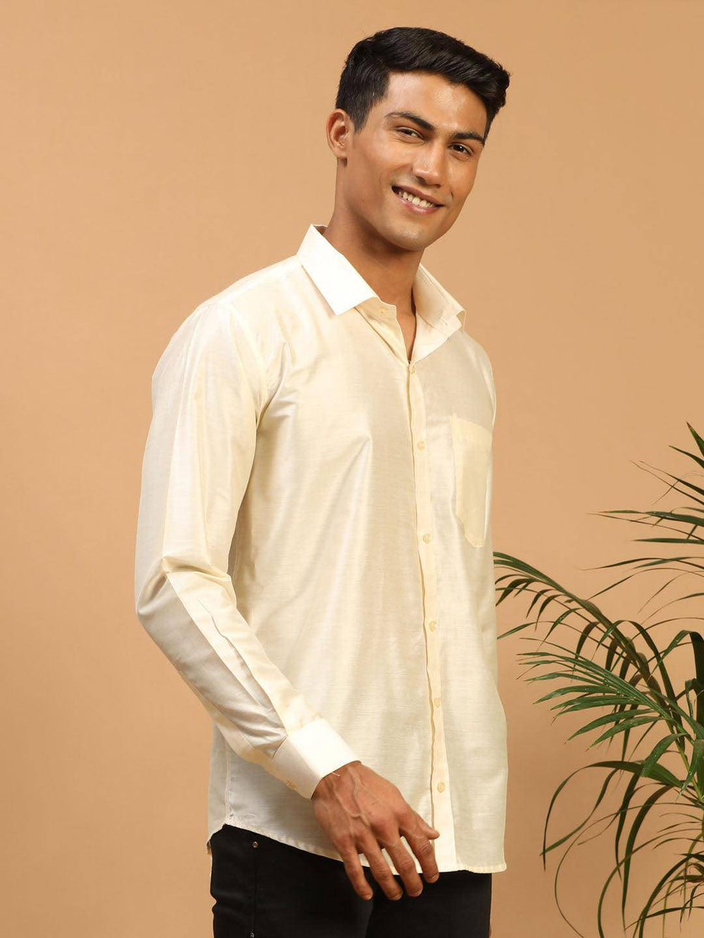 VASTRAMAY Men's Cream Silk Blend Ethnic Shirt - Uboric