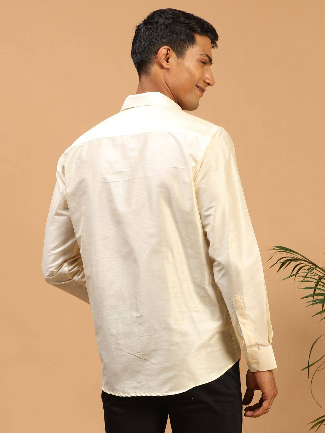 VASTRAMAY Men's Cream Silk Blend Ethnic Shirt - Uboric