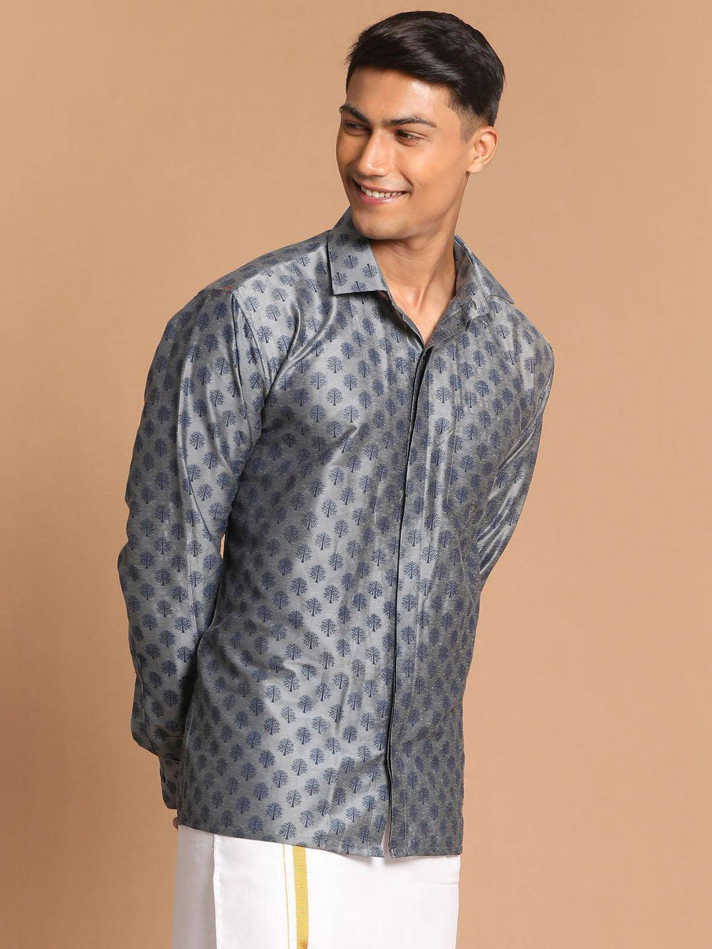 VASTRAMAY Men's Gray Silk Blend Printed Shirt - Uboric