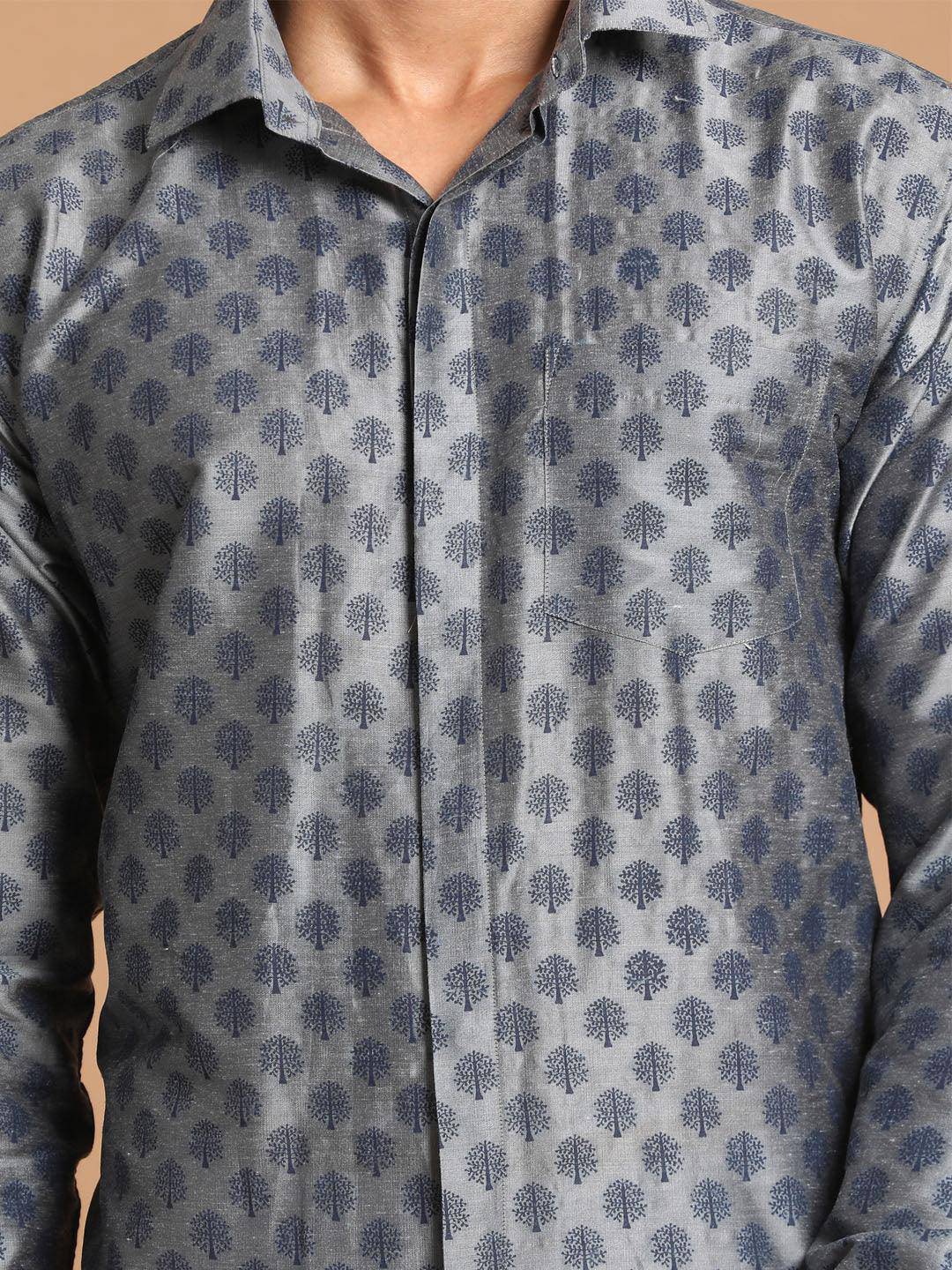 VASTRAMAY Men's Gray Silk Blend Printed Shirt - Uboric