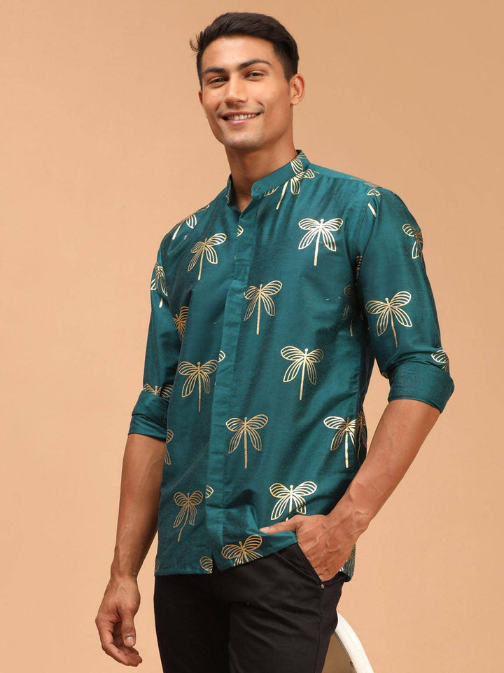 VASTRAMAY Men's Green Foil Print Shirt - Uboric