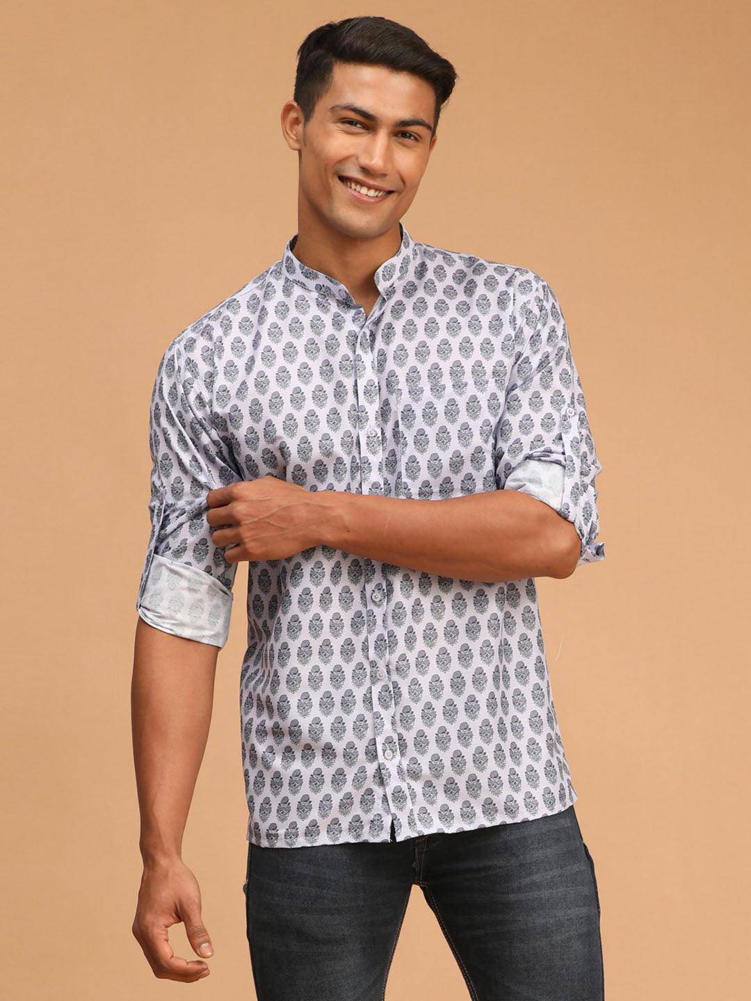 VASTRAMAY Men's Grey Cotton Blend Printed Shirt - Uboric