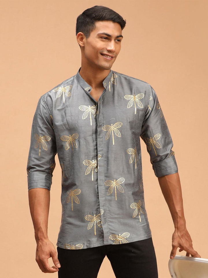 VASTRAMAY Men's Grey Foil Print Shirt - Uboric